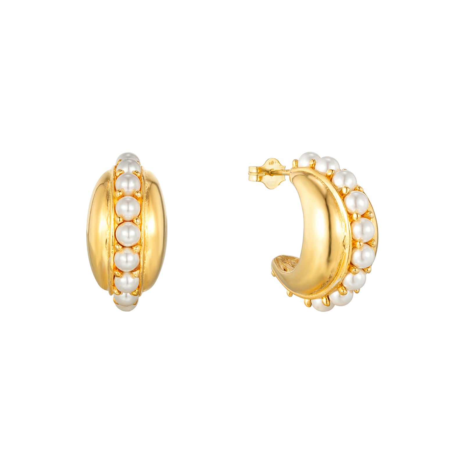 18ct Gold Vermeil Chunky Pearl Studded Half Hoops - Seol Gold