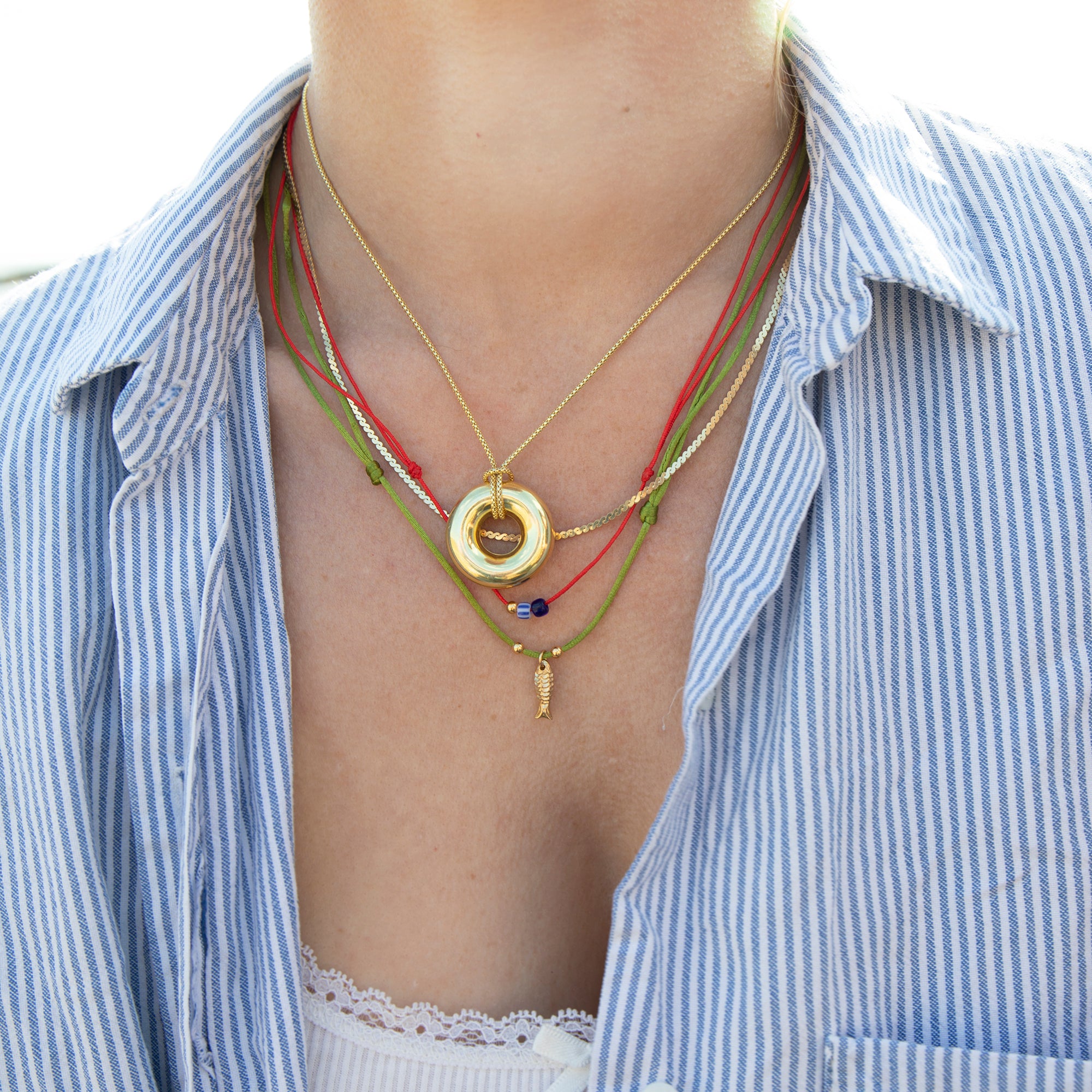 red cord - blue glass bead necklace - seolgold